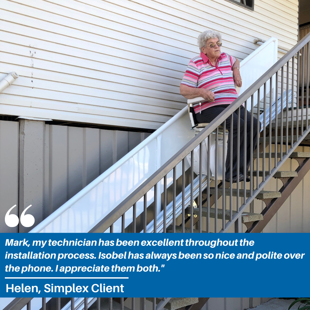 A happy Simplex client using a stair lift