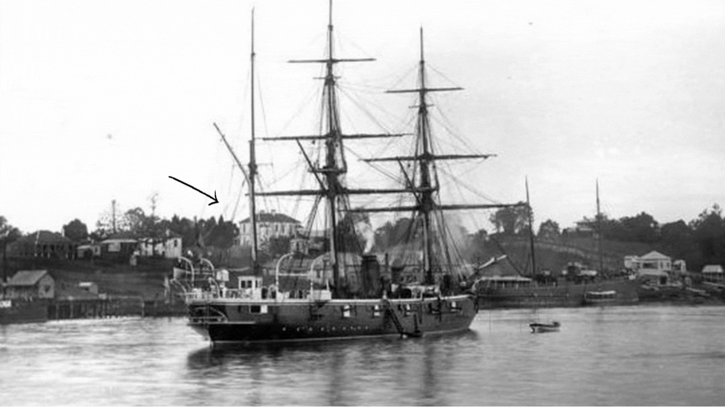 Silverwells home behind an old ship in an 1800s photograph.